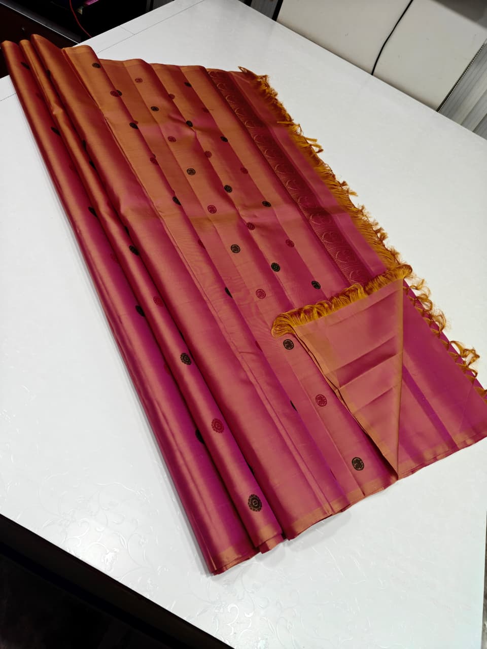 Peach Pink Silk Saree with Gold Zari Border